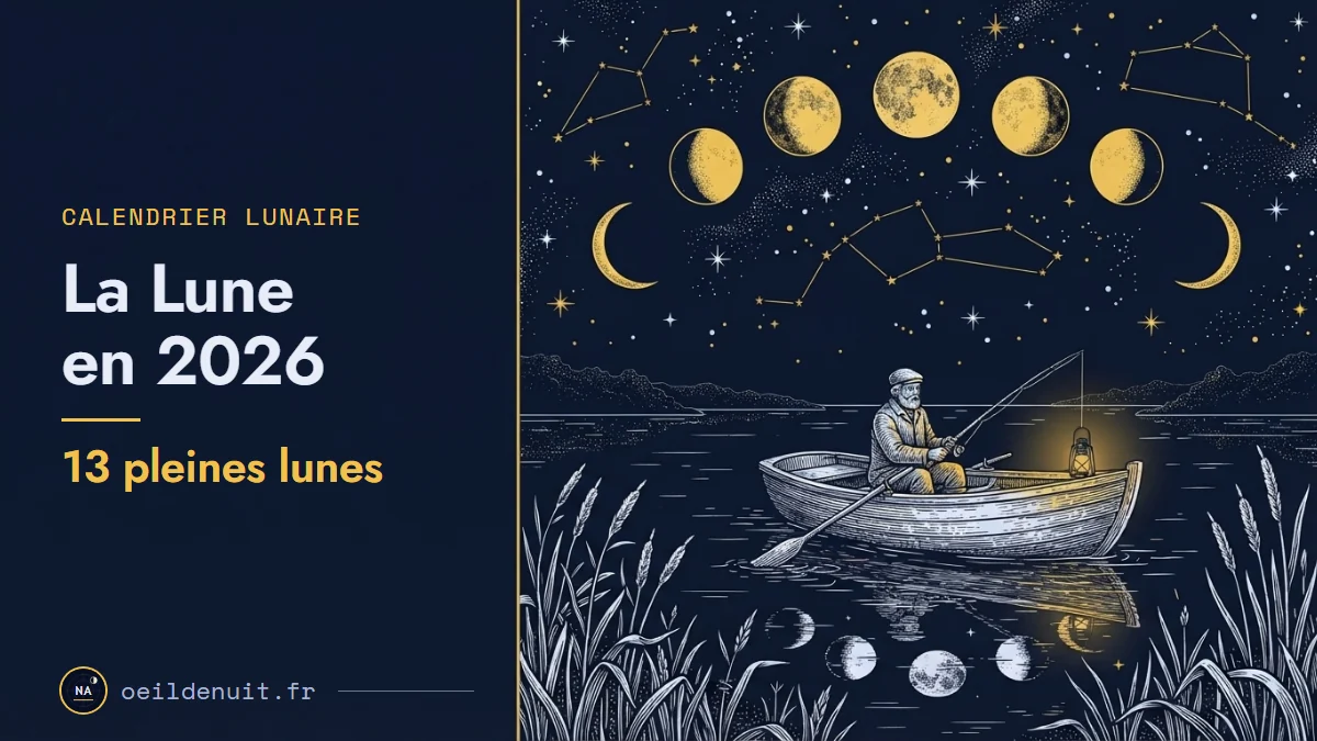 Gravure nocturne des phases de la Lune en arc au-dessus d'un lac, un vieux pêcheur dans sa barque