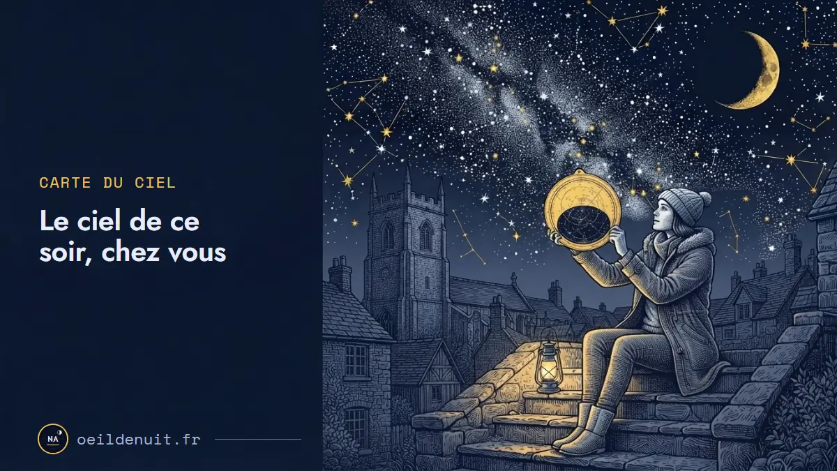 Gravure nocturne d'une jeune femme assise sur des marches qui compare une carte du ciel tournante aux constellations au-dessus du village