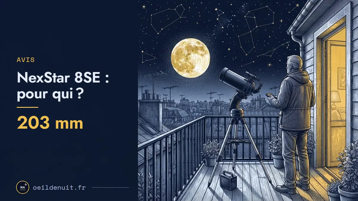Gravure d'un homme sur un balcon d'immeuble pilotant un Schmidt-Cassegrain motorisé pointé vers la pleine Lune qui se lève