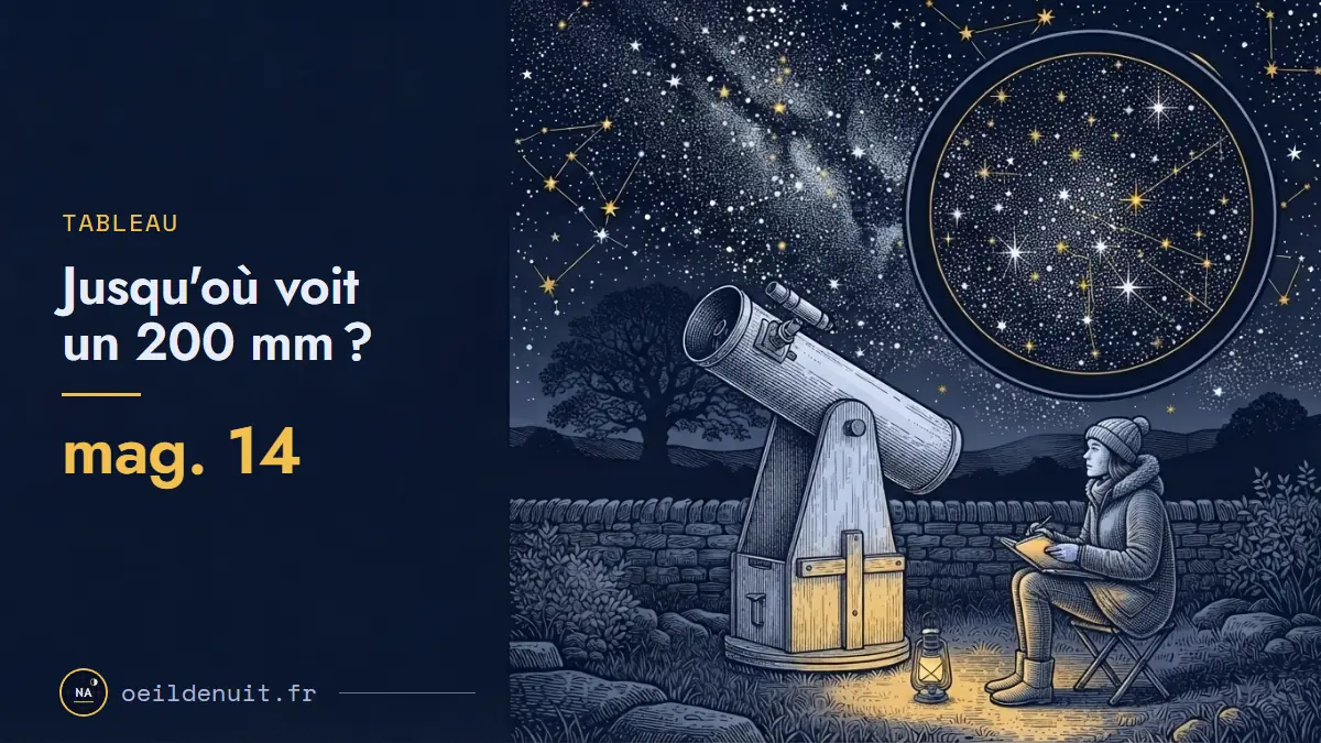 Gravure nocturne d'un champ d'étoiles faibles vu dans un cercle d'oculaire, à côté d'un grand télescope et d'un observateur qui prend des notes