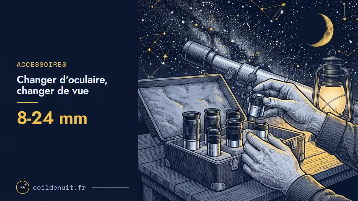 Des mains choisissent un oculaire dans une mallette rembourrée, près du porte-oculaire d'un télescope
