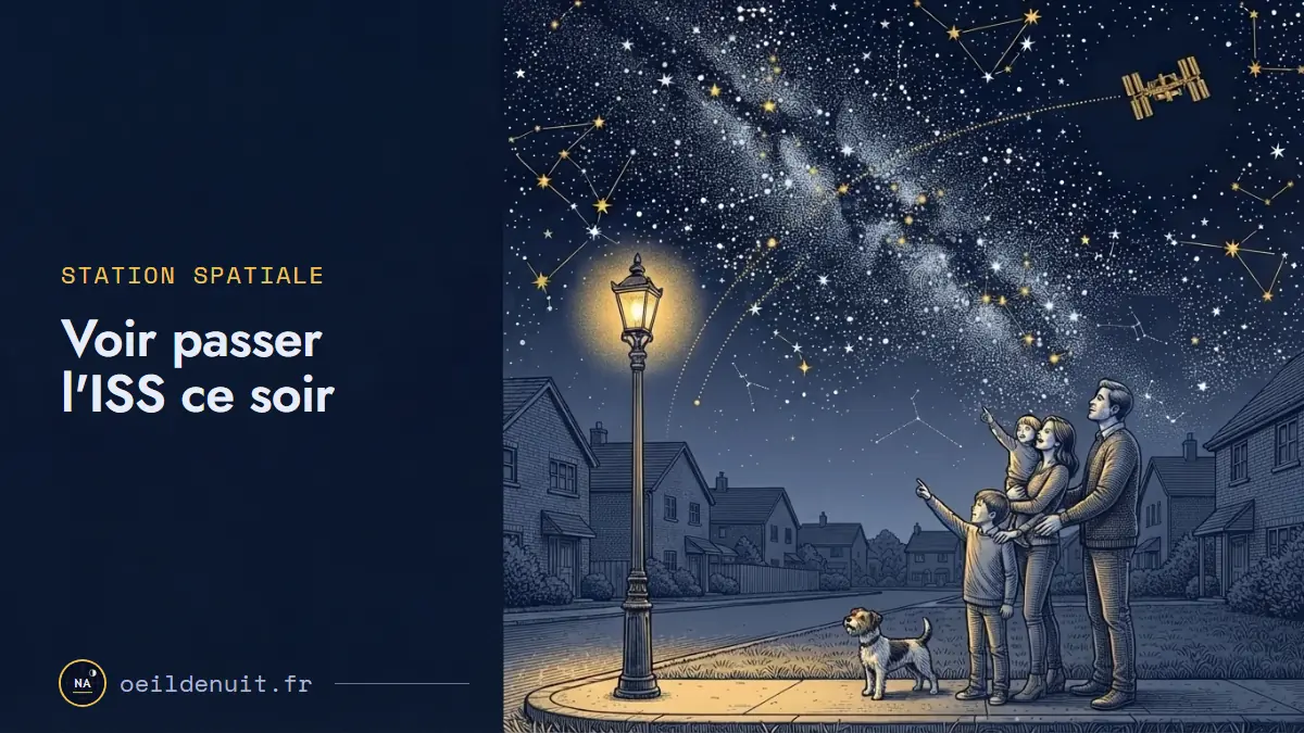 Gravure nocturne d'une famille dans une rue au crépuscule, qui montre du doigt la station spatiale traversant le ciel en arc doré