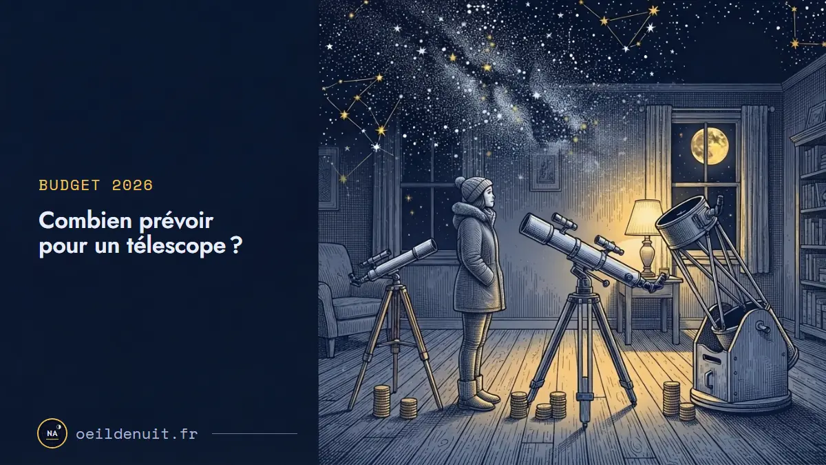 Une femme debout entre trois télescopes de tailles croissantes, chacun avec une pile de pièces