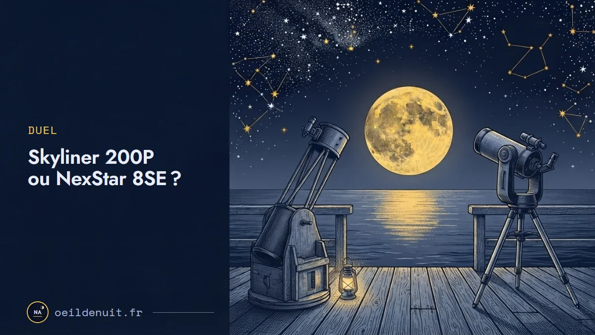 Un Dobson et un télescope compact se font face sur un ponton, devant la pleine Lune