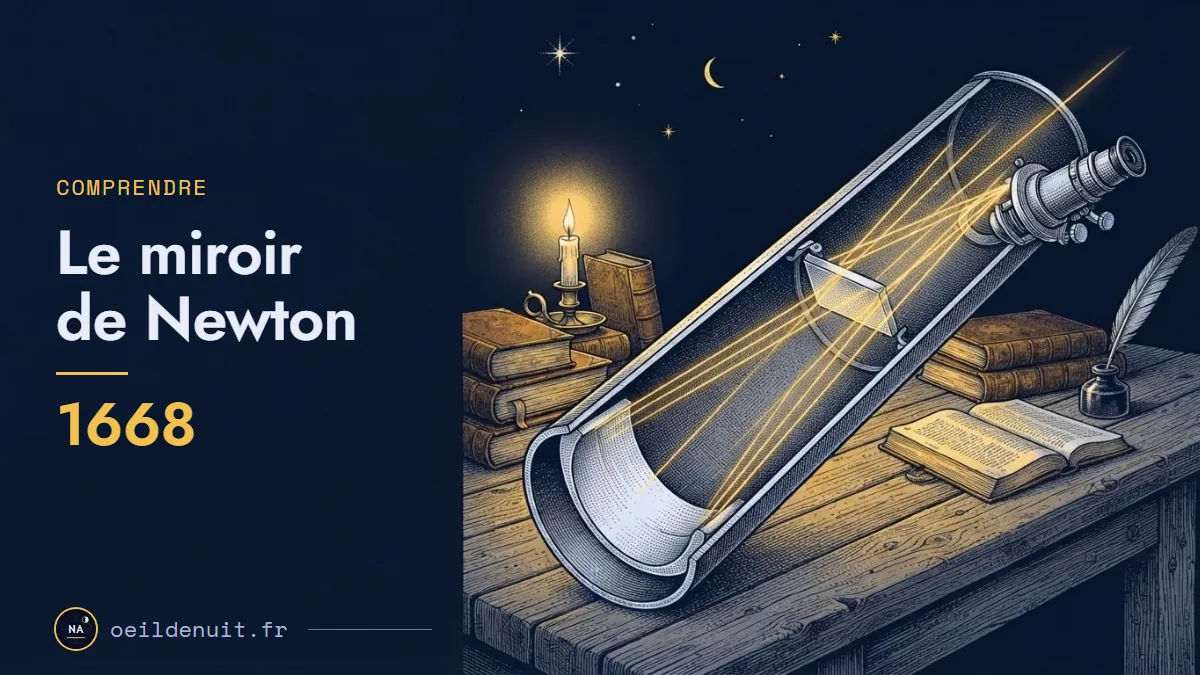 Télescope de Newton en coupe sur un établi, miroirs et trajet doré de la lumière