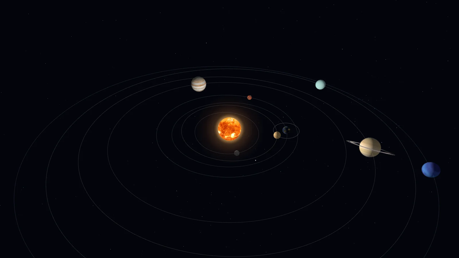 Le système solaire en 3D : le Soleil au centre, les orbites et les huit planètes à leur position du 14 octobre 2026, vus de biais